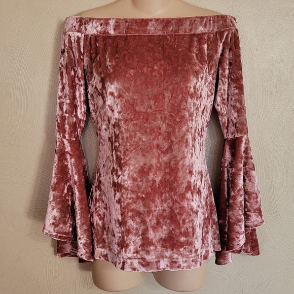 VENUS Mauve Pink Velvet Off The Shoulder Bell Sleeve Top Size Women's Small - Picture 2 of 9